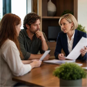 Lawyer discussing financial and property matters with separating clients